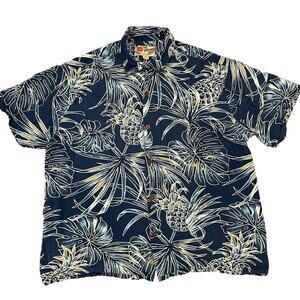 Hilo Hattie Hawaiian Original Shirt 2XL Blue Pineapple Monstera Made in Hawaii